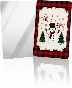 Compact Card Mirror, Unbreakable Stainless Steel Makeup Mirror Winter Theme Merry Christmas Cute Snowman Buffalo Check Pine Tree Rectangular Handheld Small Travel Mirror for Camping, Travelling