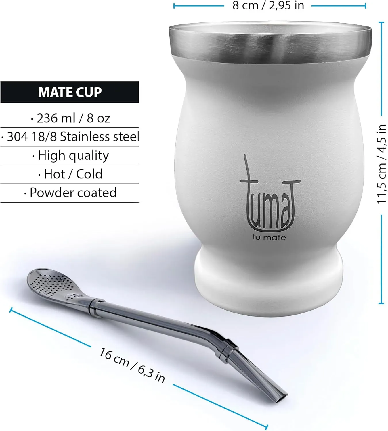 Complete Yerba Mate Kit - Includes Mate Cup, Straw (Bombilla), 750ml Thermos, Bag and two gifts (Container Yerbero and Car Immersion Heater) - Stainless Steel Yerba Mate Set (White)
