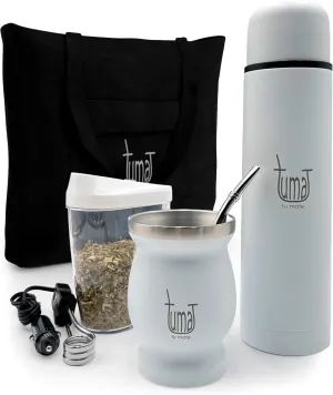Complete Yerba Mate Kit - Includes Mate Cup, Straw (Bombilla), 750ml Thermos, Bag and two gifts (Container Yerbero and Car Immersion Heater) - Stainless Steel Yerba Mate Set (White)