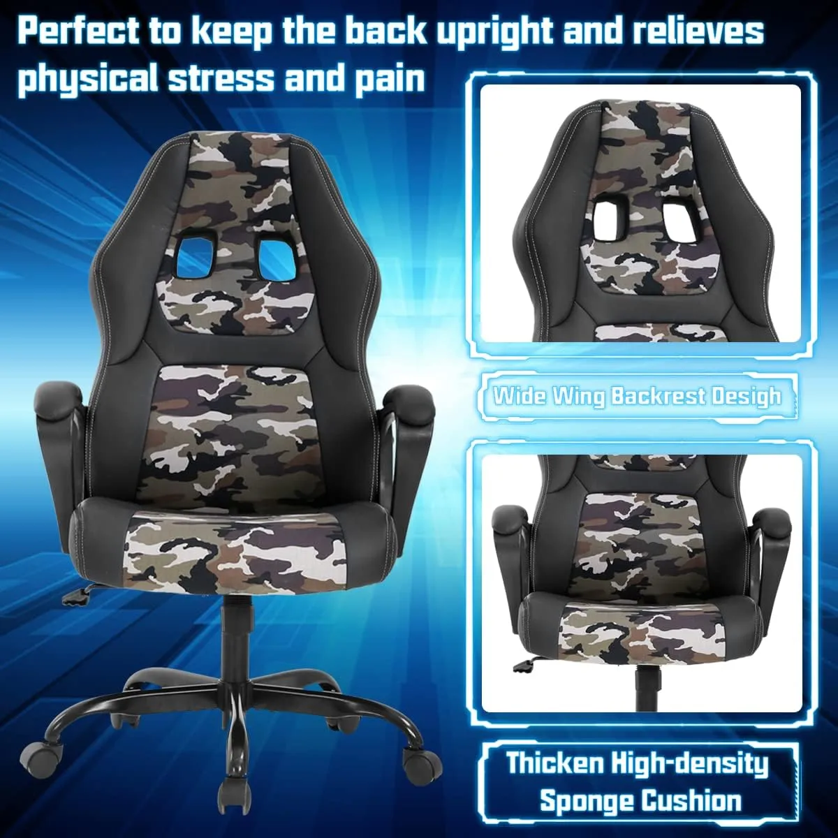 Computer Gaming Chair PC Office Chair for Adult Teen Kids, Ergonomic PU Leather Gamer Chair with Lumbar Support High Back Adjustable Rolling Swivel Desk Chair, Camo