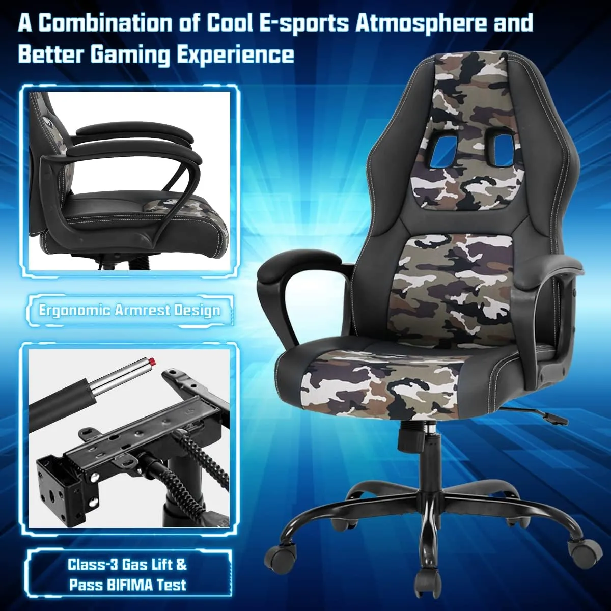 Computer Gaming Chair PC Office Chair for Adult Teen Kids, Ergonomic PU Leather Gamer Chair with Lumbar Support High Back Adjustable Rolling Swivel Desk Chair, Camo