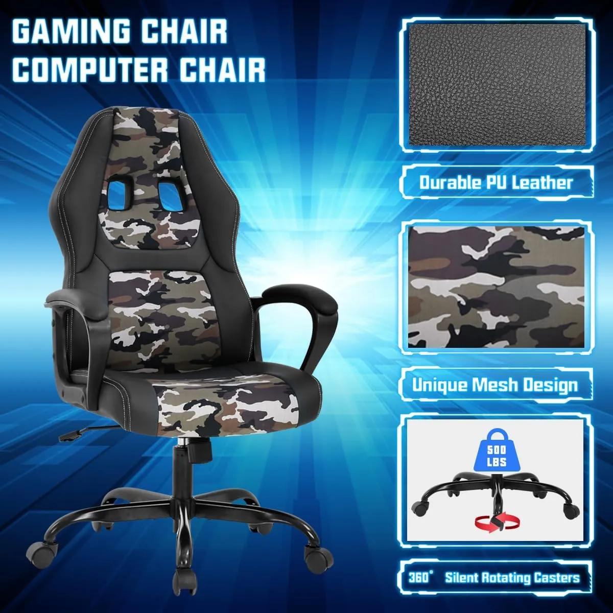 Computer Gaming Chair PC Office Chair for Adult Teen Kids, Ergonomic PU Leather Gamer Chair with Lumbar Support High Back Adjustable Rolling Swivel Desk Chair, Camo