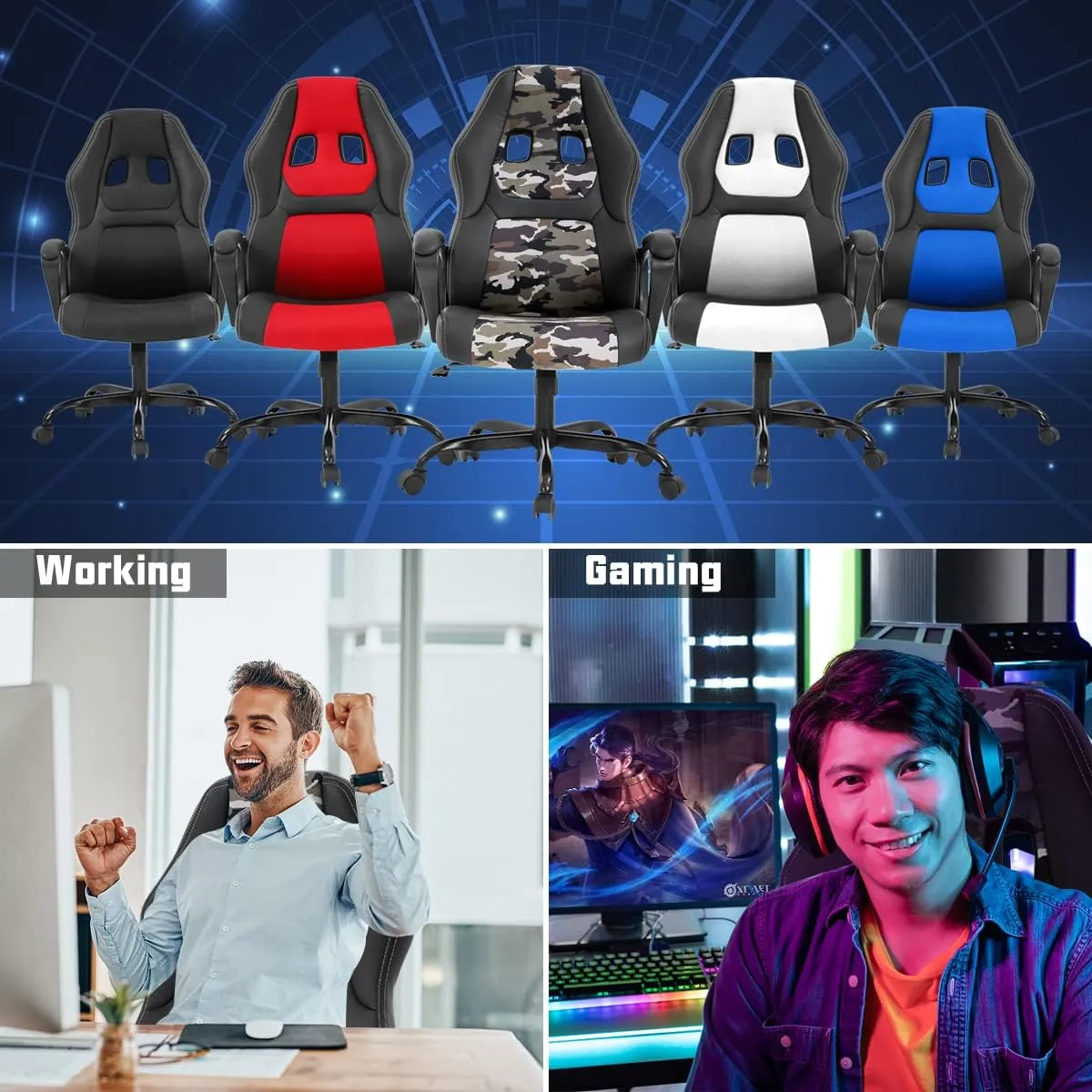Computer Gaming Chair PC Office Chair for Adult Teen Kids, Ergonomic PU Leather Gamer Chair with Lumbar Support High Back Adjustable Rolling Swivel Desk Chair, Camo