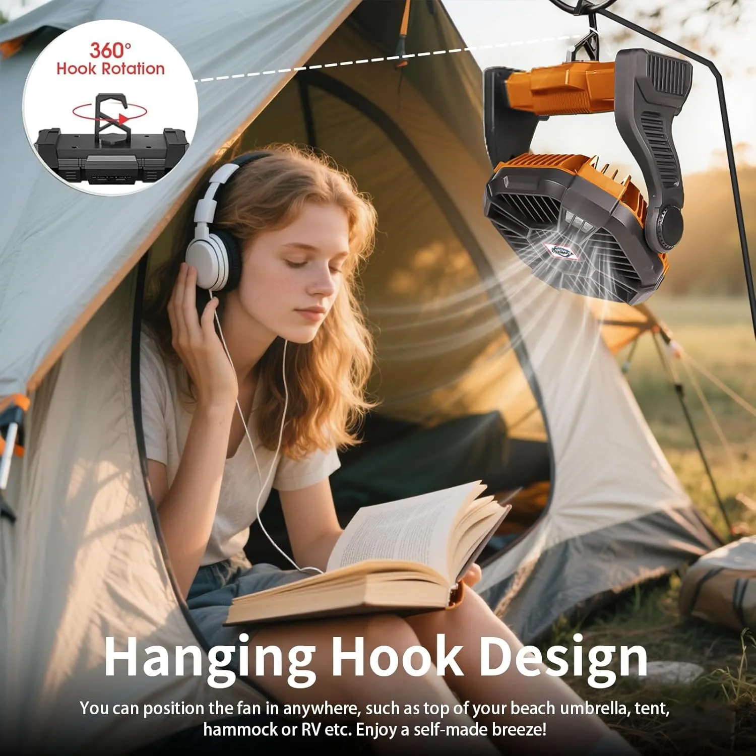 CONBOLA 25400mAh,Camping Fan, Portable Fans Rechargeable 9-Inch Battery Powered (180Hrs) LED Lantern, USB C Battery Beach Fan.