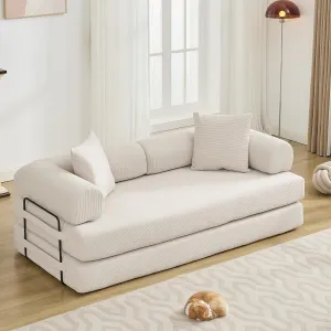 Convertible Folding Sofa Bed, Modular Floor Sofa with Removable Backrest, 3-Seater Fold Out Couch Bed with Pillows, King Size Futon Lazy Couch Corduroy Sleeper for Living Room, Dorm, Beige