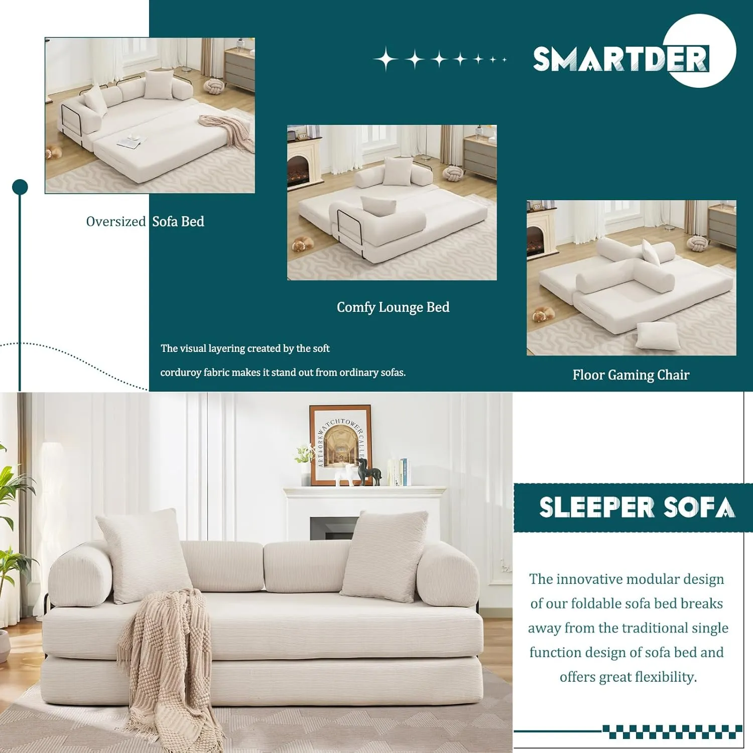 Convertible Folding Sofa Bed, Modular Floor Sofa with Removable Backrest, 3-Seater Fold Out Couch Bed with Pillows, King Size Futon Lazy Couch Corduroy Sleeper for Living Room, Dorm, Beige