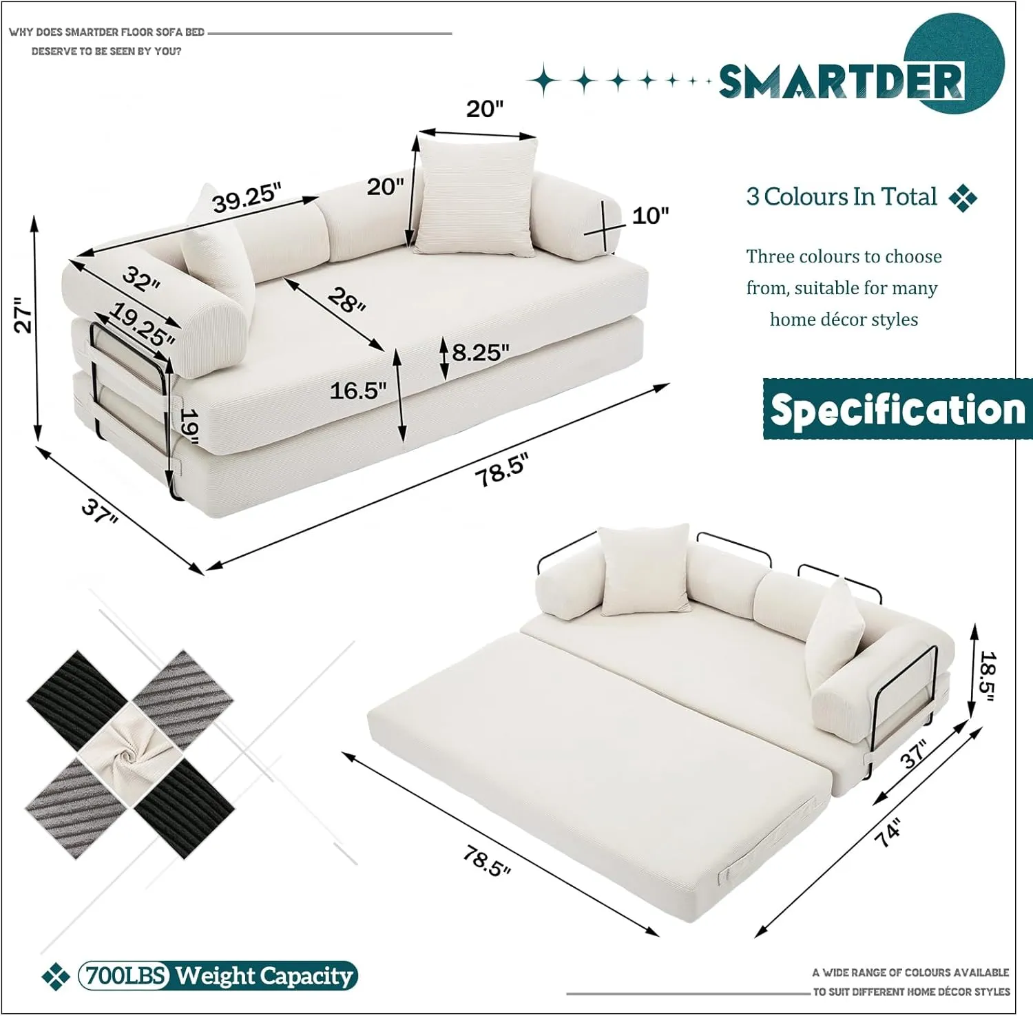 Convertible Folding Sofa Bed, Modular Floor Sofa with Removable Backrest, 3-Seater Fold Out Couch Bed with Pillows, King Size Futon Lazy Couch Corduroy Sleeper for Living Room, Dorm, Beige