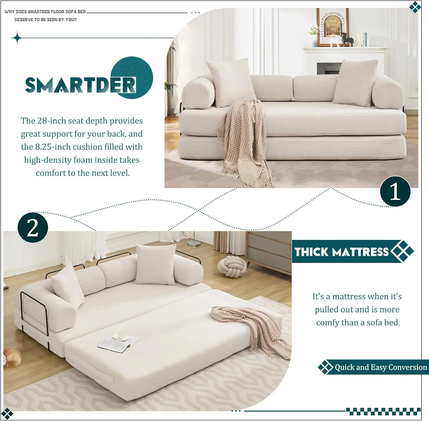 Convertible Folding Sofa Bed, Modular Floor Sofa with Removable Backrest, 3-Seater Fold Out Couch Bed with Pillows, King Size Futon Lazy Couch Corduroy Sleeper for Living Room, Dorm, Beige