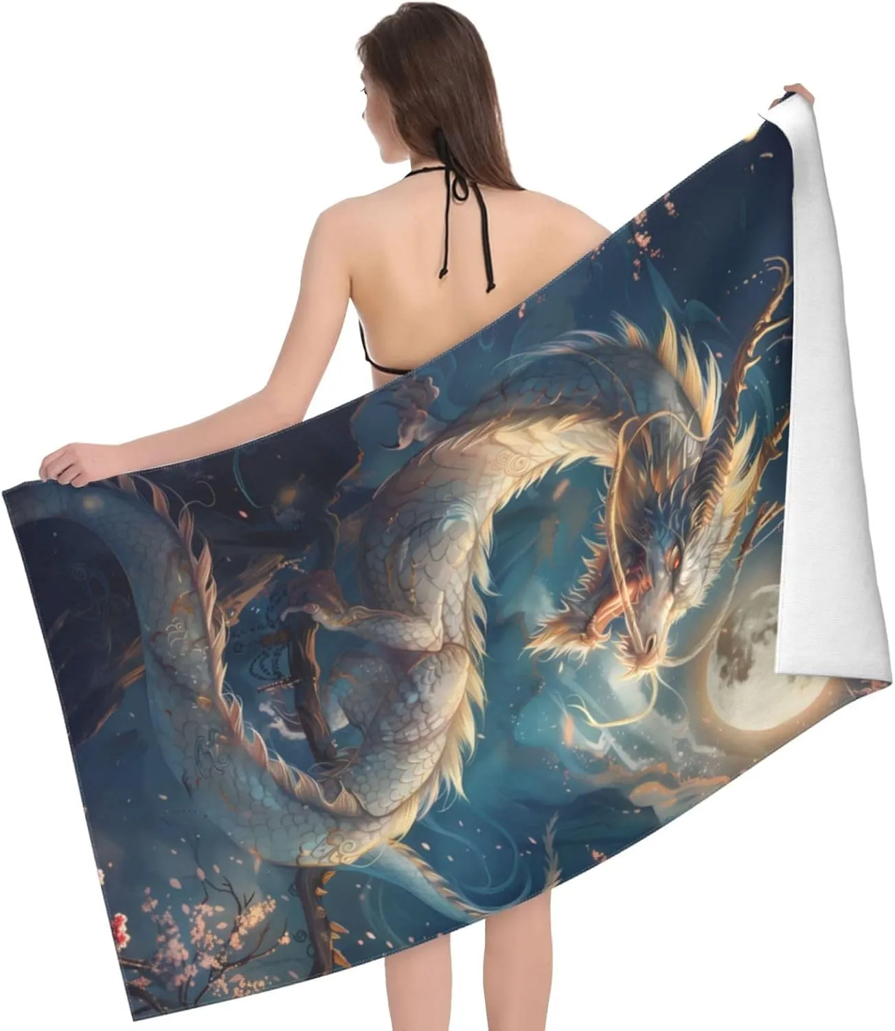 Cool Dragon Beach Towel,32x52in,Quick-Dry Sand-Free Bath Towels,Microfiber Lightweight for Travel Pool Yoga Beach Outdoor Activities Decor Accessories Gifts (Cherry Blossom Dragon)