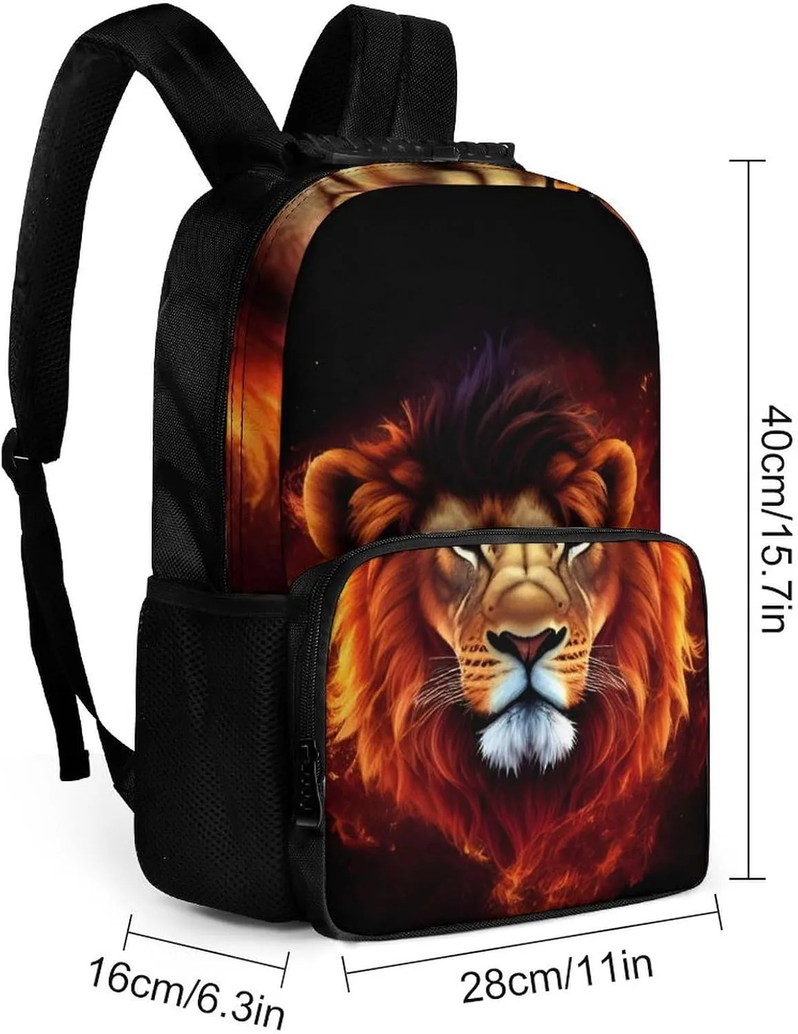 Cool Lion Fire Surreal Style Art Daypack Backpack Polyester Multipurpose Anti-Theft Shoulder Bag Big Capacity Gym Outdoor Hiking Backpack With Smooth Zippers