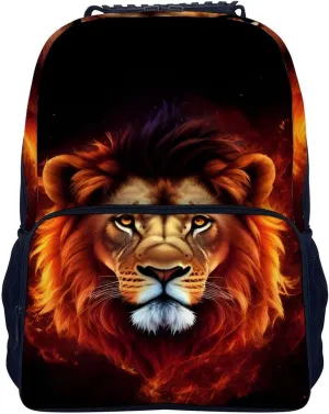 Cool Lion Fire Surreal Style Art Daypack Backpack Polyester Multipurpose Anti-Theft Shoulder Bag Big Capacity Gym Outdoor Hiking Backpack With Smooth Zippers