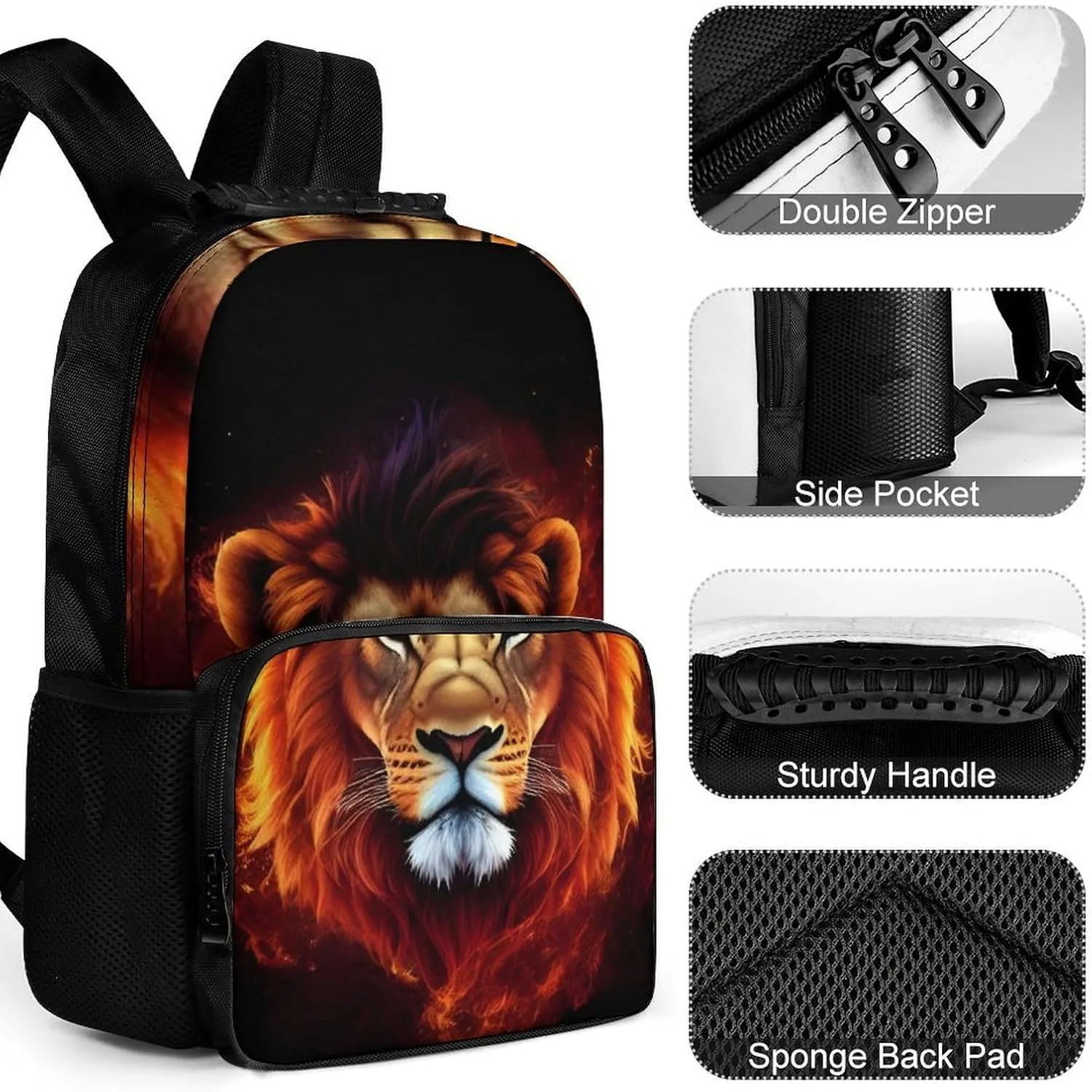 Cool Lion Fire Surreal Style Art Daypack Backpack Polyester Multipurpose Anti-Theft Shoulder Bag Big Capacity Gym Outdoor Hiking Backpack With Smooth Zippers