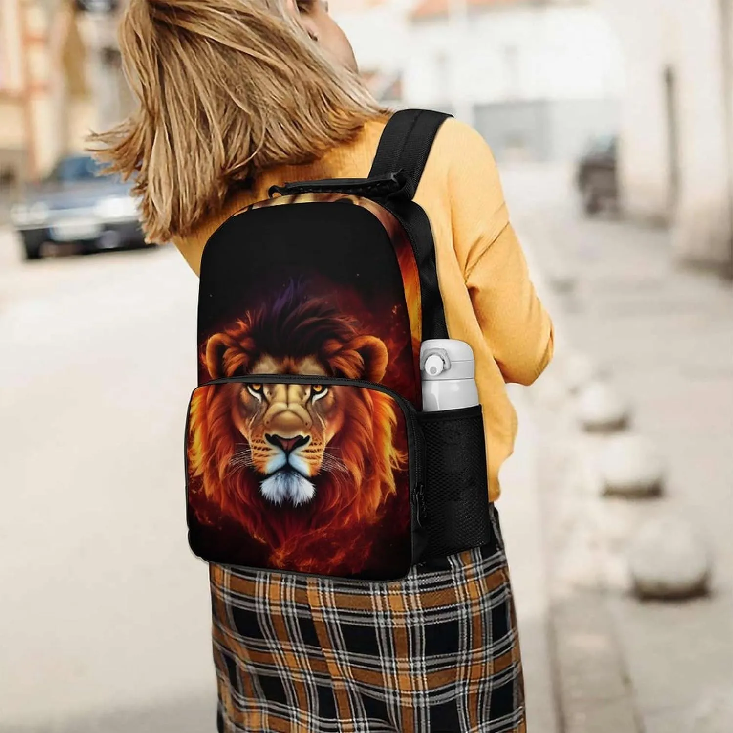 Cool Lion Fire Surreal Style Art Daypack Backpack Polyester Multipurpose Anti-Theft Shoulder Bag Big Capacity Gym Outdoor Hiking Backpack With Smooth Zippers