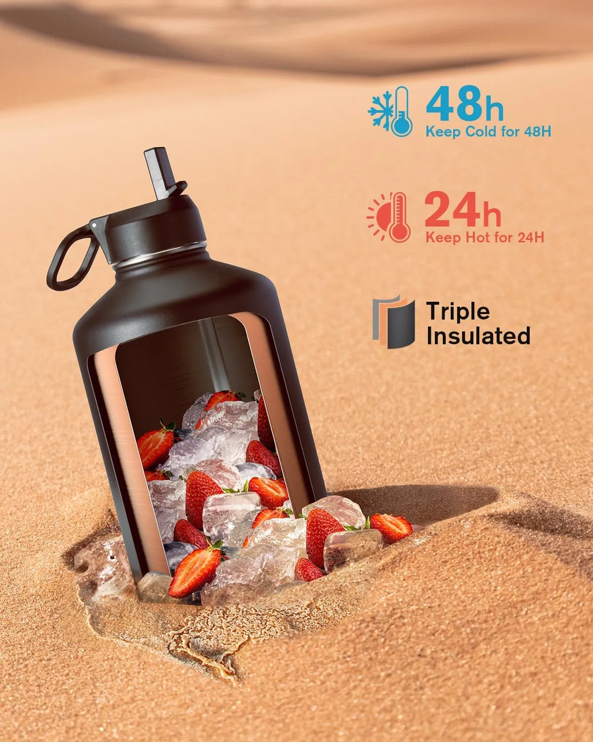 Coolflask 128 oz Gallon Water Bottle Insulated with Straw&3 Lids, Water Jug Large Stainless Steel Metal Vacuum Wide Mouth for Sports, Gym or Office, Non-BPA Keep Cold 48H Hot 24H, Piano Night