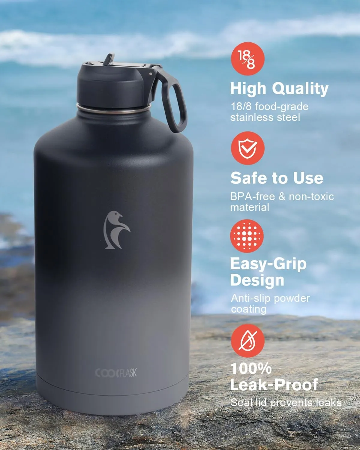 Coolflask 128 oz Gallon Water Bottle Insulated with Straw&3 Lids, Water Jug Large Stainless Steel Metal Vacuum Wide Mouth for Sports, Gym or Office, Non-BPA Keep Cold 48H Hot 24H, Piano Night