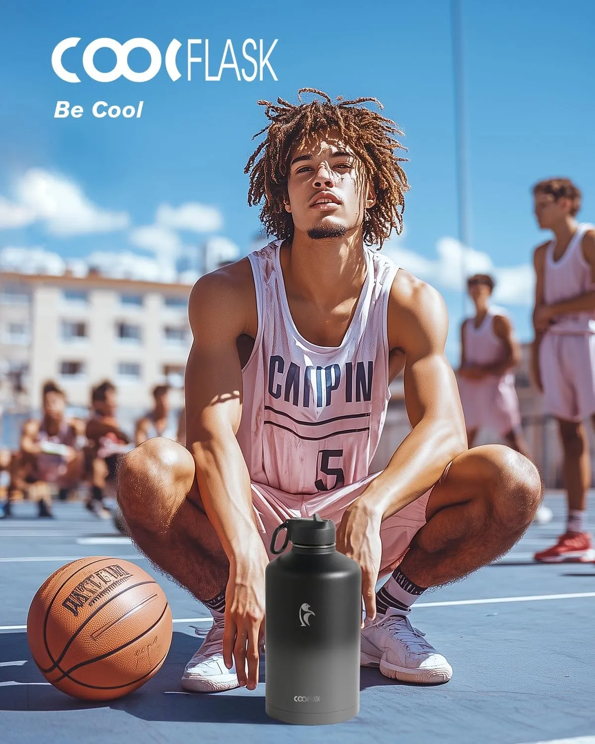 Coolflask 128 oz Gallon Water Bottle Insulated with Straw&3 Lids, Water Jug Large Stainless Steel Metal Vacuum Wide Mouth for Sports, Gym or Office, Non-BPA Keep Cold 48H Hot 24H, Piano Night
