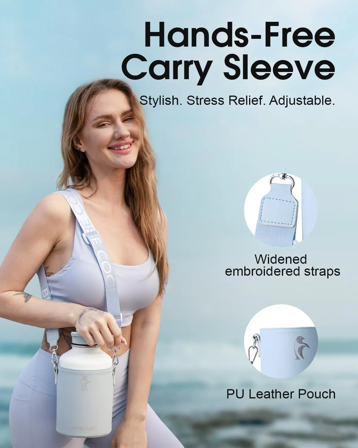 Coolflask 64 oz Water Bottle Insulated with PU Leather Sleeve, Half Gallon Water Bottle Color Contrast with Straw Lids, Stainless Steel Metal Large Water Jug, Keep Cold 48h Hot 24h,Glacier White