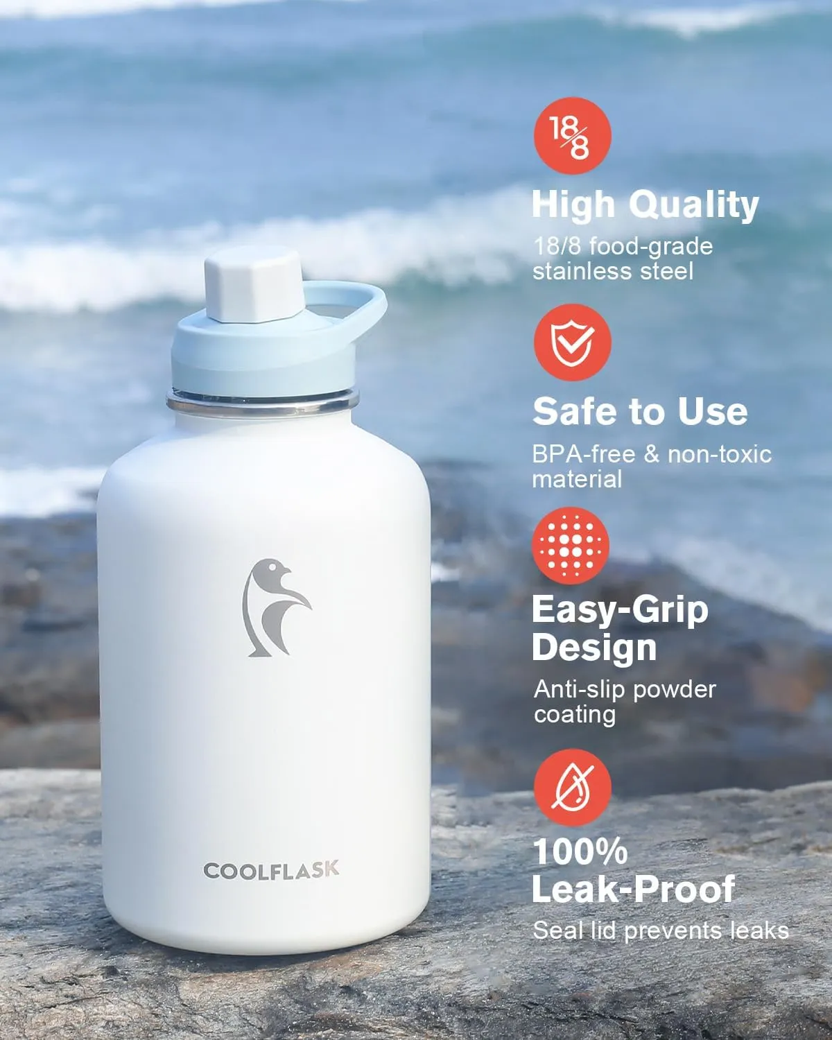 Coolflask 64 oz Water Bottle Insulated with PU Leather Sleeve, Half Gallon Water Bottle Color Contrast with Straw Lids, Stainless Steel Metal Large Water Jug, Keep Cold 48h Hot 24h,Glacier White