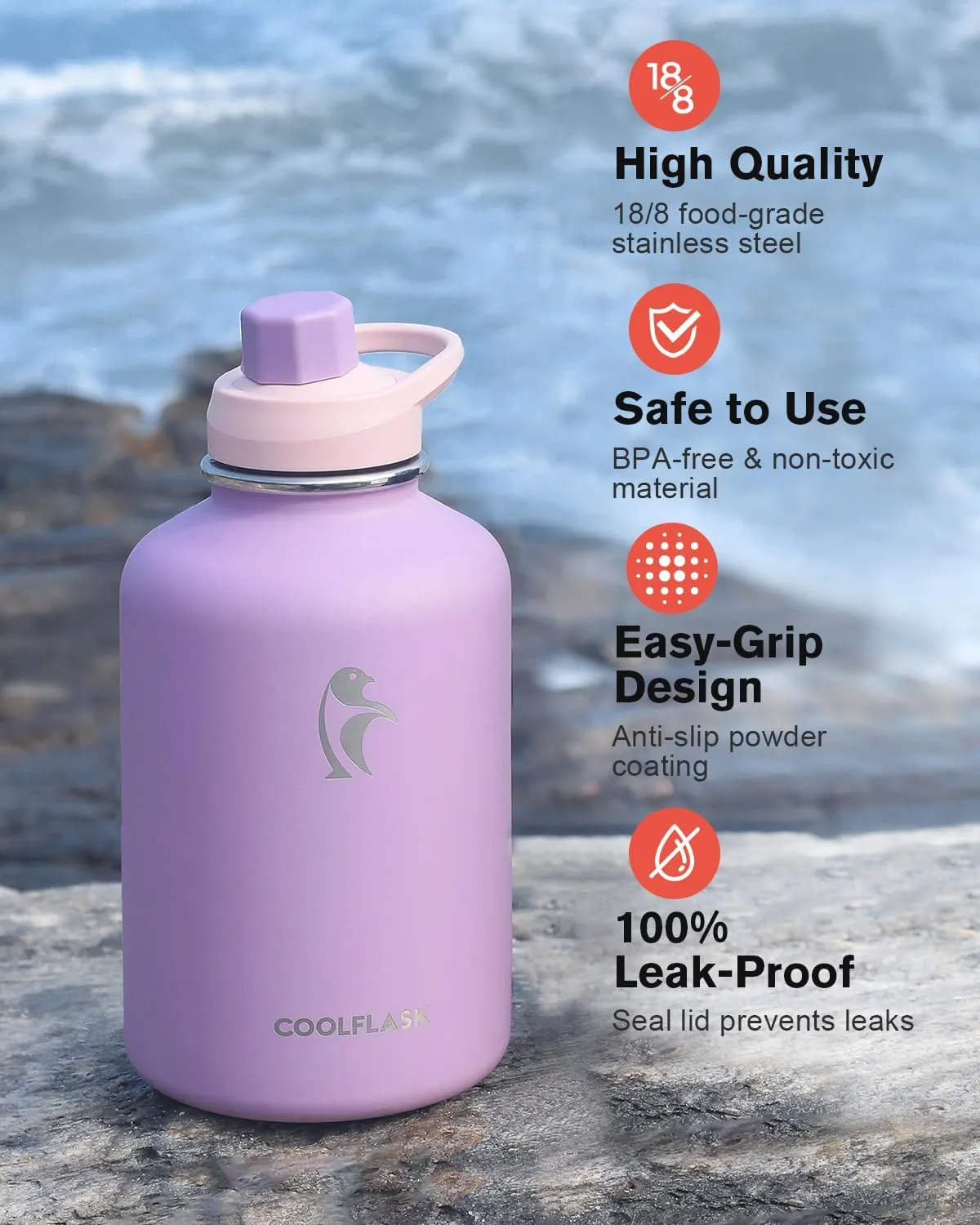 Coolflask Half Gallon Water Bottle Insulated with PU Leather Sleeve, 64 oz Water Bottle Color Contrast with Straw Lids, Stainless Steel Metal Large Water Jug, Keep Cold 48h Hot 24h,Lilac Purple