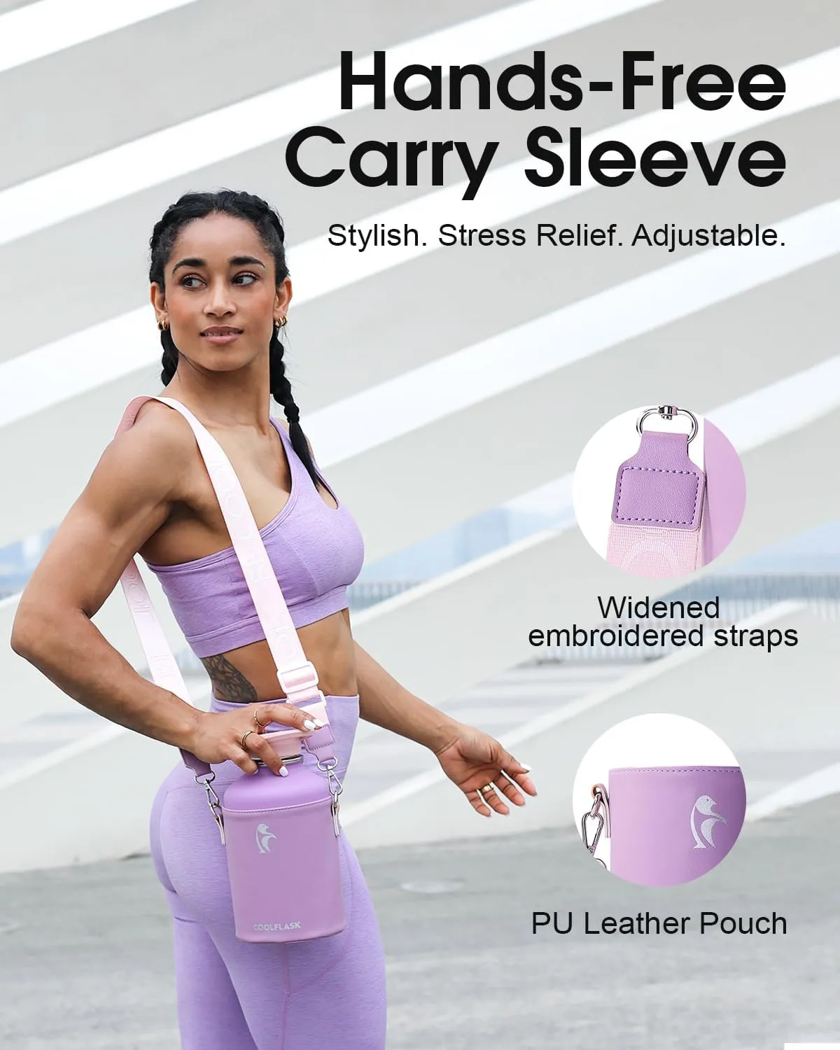 Coolflask Half Gallon Water Bottle Insulated with PU Leather Sleeve, 64 oz Water Bottle Color Contrast with Straw Lids, Stainless Steel Metal Large Water Jug, Keep Cold 48h Hot 24h,Lilac Purple