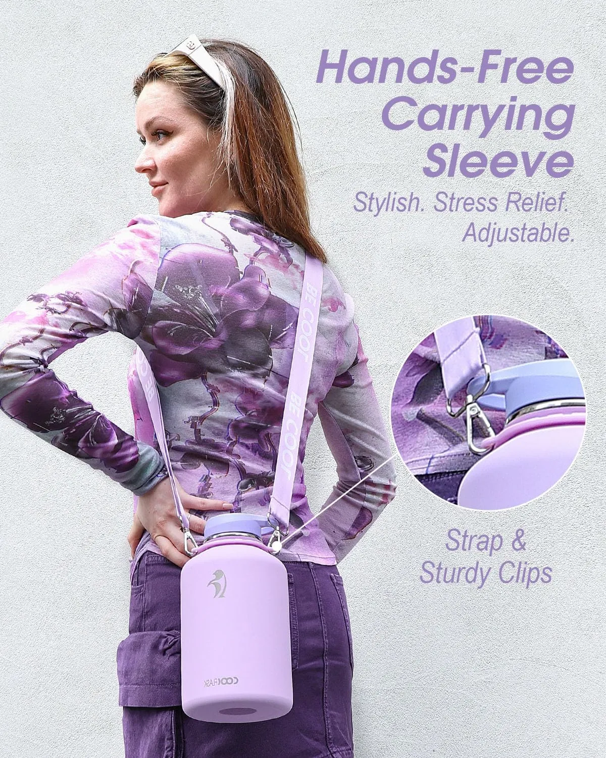 Coolflask Half Gallon Water Bottle with Strap, 64oz Insulated Water Jug Stainless Steel with Straw & Spout Lids, Metal Large Water Flask, Keep Cold 48h Hot 24h, Leak Proof & Non-BPA, Lavender