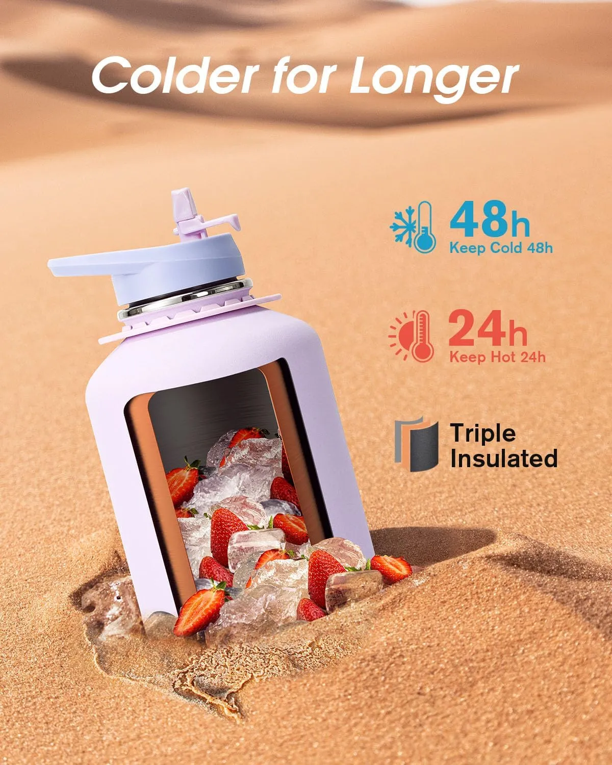 Coolflask Half Gallon Water Bottle with Strap, 64oz Insulated Water Jug Stainless Steel with Straw & Spout Lids, Metal Large Water Flask, Keep Cold 48h Hot 24h, Leak Proof & Non-BPA, Lavender