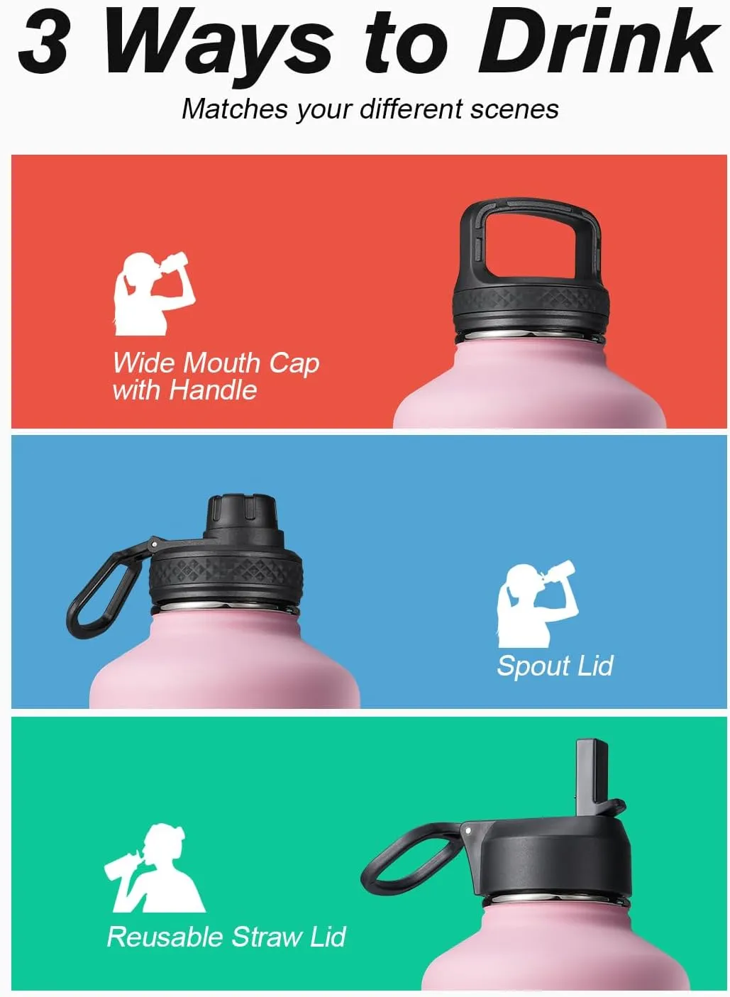 Coolflask Water Bottle Insulated 64 oz with Straw & 3 Lids, Half Gallon, Bubblegum Princess