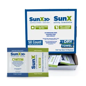 CoreTex Sun X 30  Broad Spectrum Sunscreen Packets & Dry Towels Duo Kit - Pack of 50 Paraben, Oxybenzone, Octinoxate, & Oil Free Sunscreen - No White Cast and Water & Sweat Resistant Up to 80 Minutes