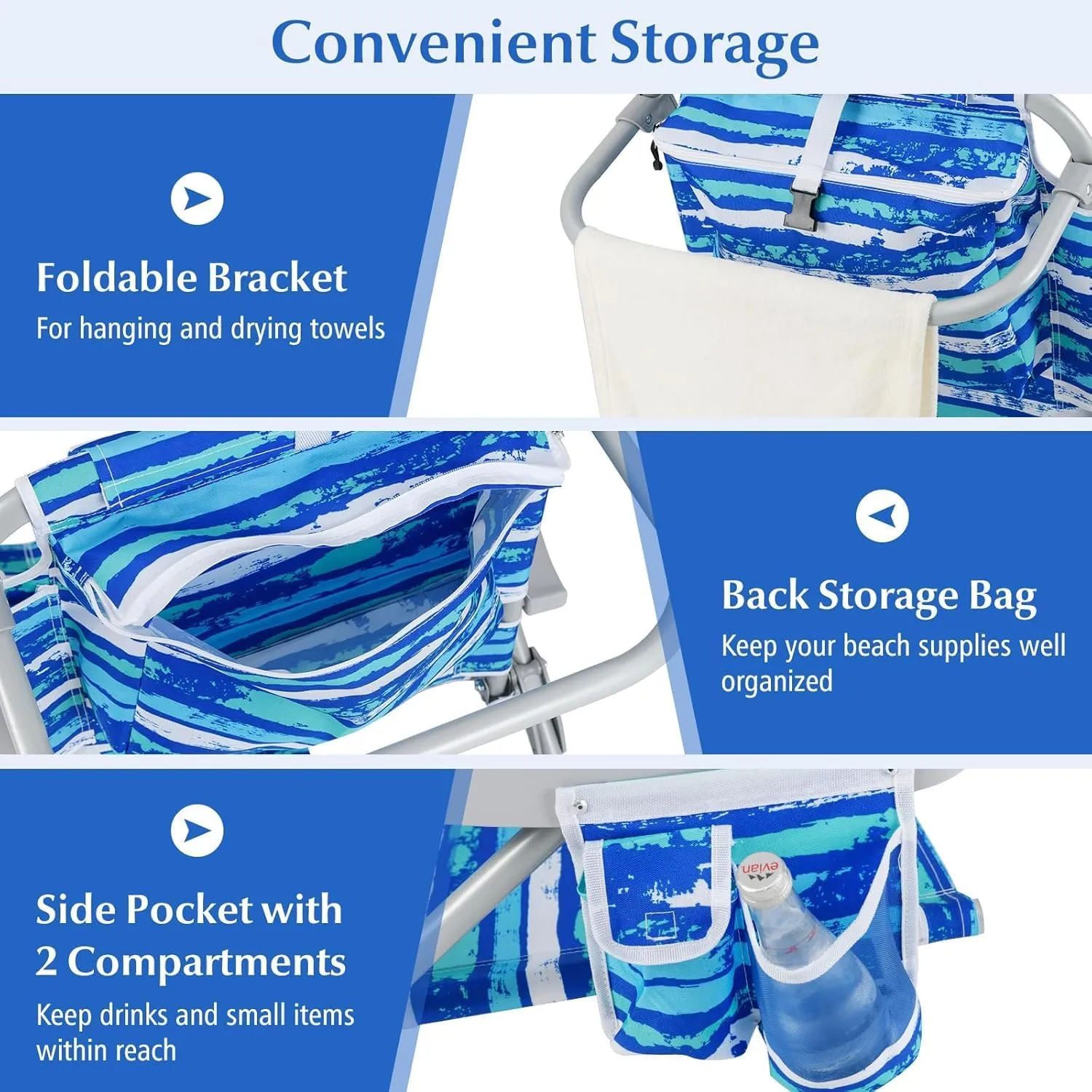 COSTWAY Backpack Beach Chair, Foldable Camping Chair with 5 Adjustable Position, Cup Holder, Storage Pockets, Straps, Towel Rack, Pillow for Patio Outdoor (Blue Stripe,1)
