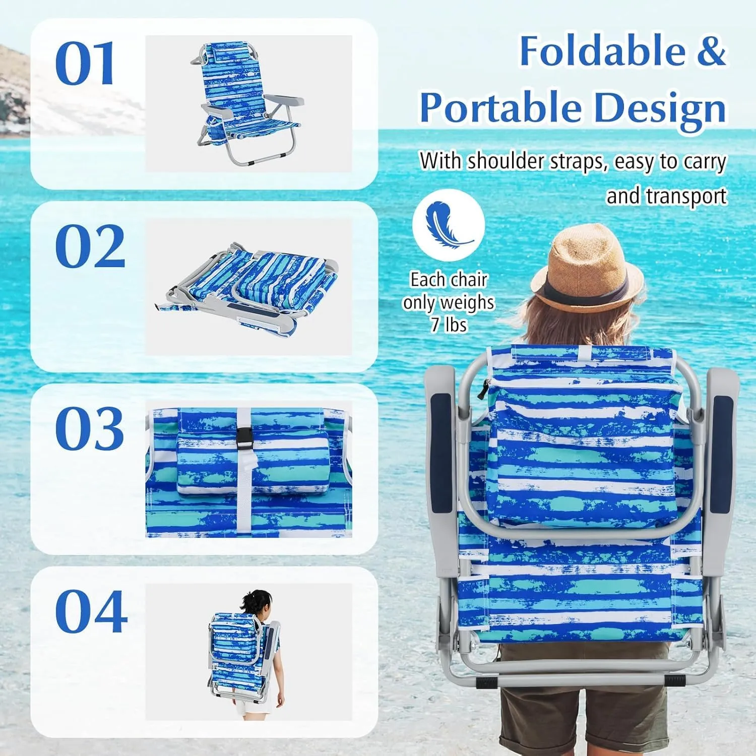 COSTWAY Backpack Beach Chair, Foldable Camping Chair with 5 Adjustable Position, Cup Holder, Storage Pockets, Straps, Towel Rack, Pillow for Patio Outdoor (Blue Stripe,1)