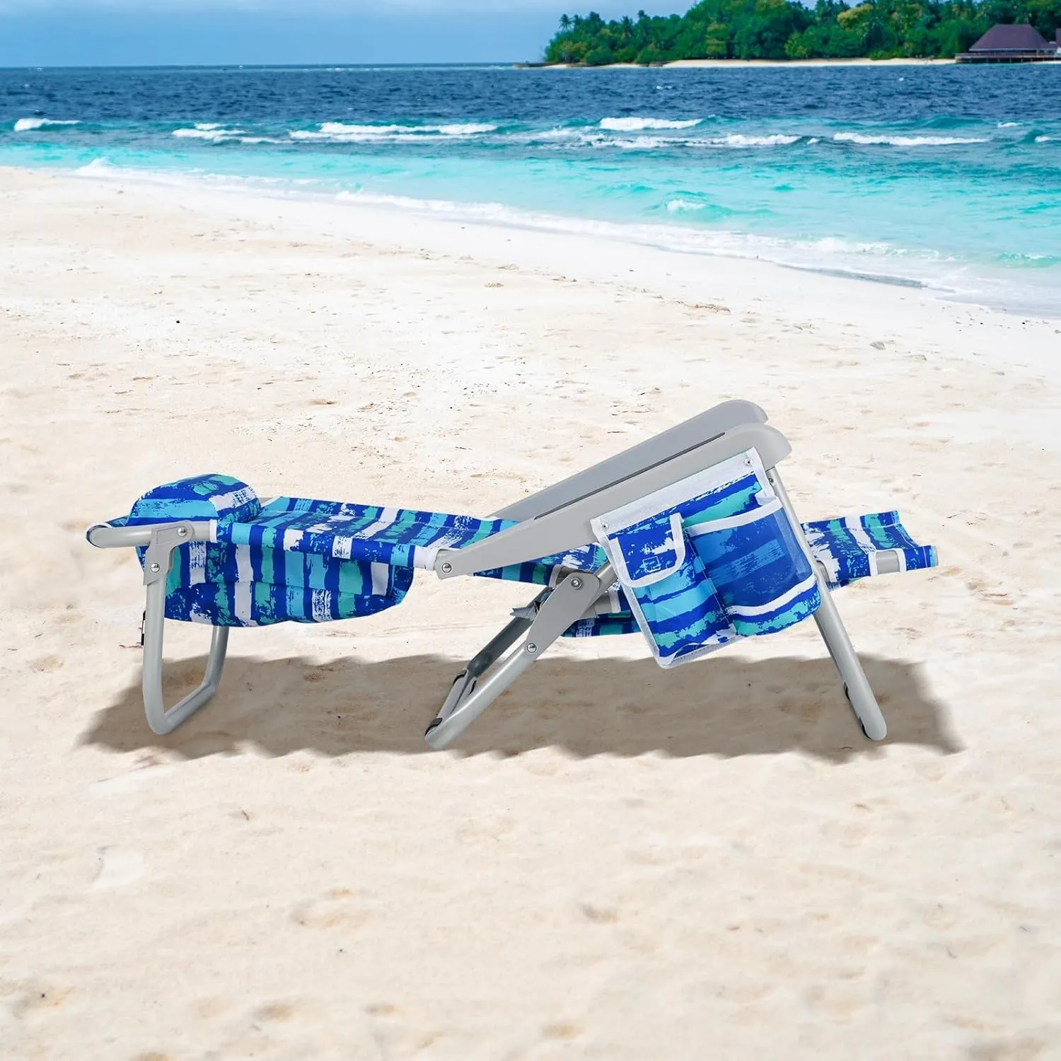 COSTWAY Backpack Beach Chair, Foldable Camping Chair with 5 Adjustable Position, Cup Holder, Storage Pockets, Straps, Towel Rack, Pillow for Patio Outdoor (Blue Stripe,1)