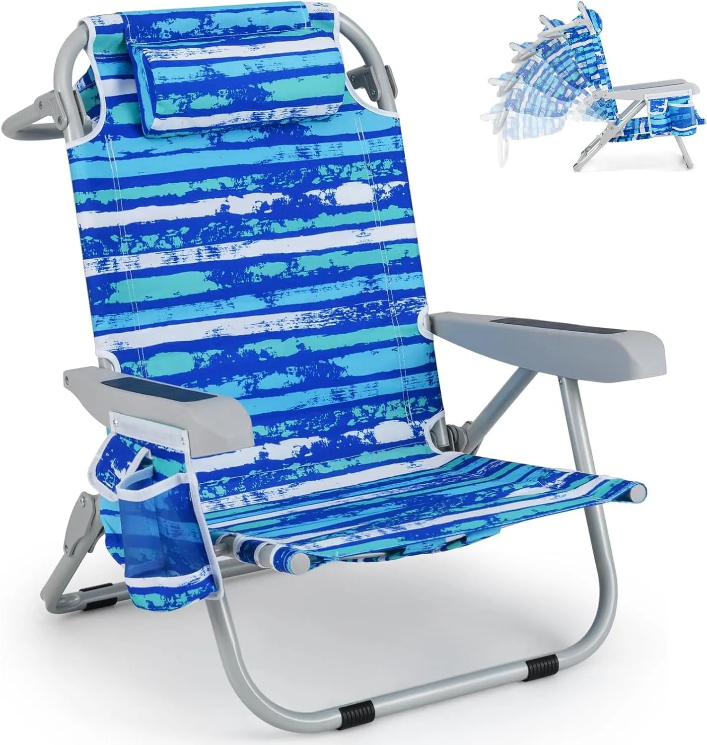 COSTWAY Backpack Beach Chair, Foldable Camping Chair with 5 Adjustable Position, Cup Holder, Storage Pockets, Straps, Towel Rack, Pillow for Patio Outdoor (Blue Stripe,1)