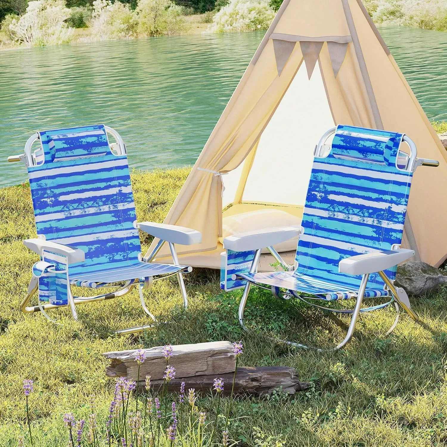 COSTWAY Backpack Beach Chair, Foldable Camping Chair with 5 Adjustable Position, Cup Holder, Storage Pockets, Straps, Towel Rack, Pillow for Patio Outdoor (Blue Stripe,1)