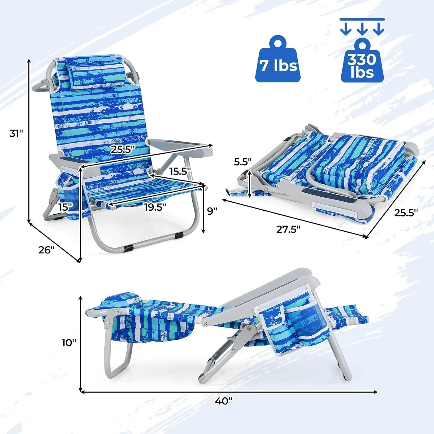 COSTWAY Backpack Beach Chair, Foldable Camping Chair with 5 Adjustable Position, Cup Holder, Storage Pockets, Straps, Towel Rack, Pillow for Patio Outdoor (Blue Stripe,1)