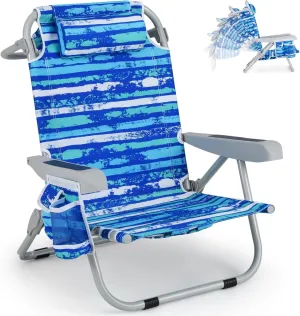 COSTWAY Backpack Beach Chair, Foldable Camping Chair with 5 Adjustable Position, Cup Holder, Storage Pockets, Straps, Towel Rack, Pillow for Patio Outdoor (Blue Stripe,1)