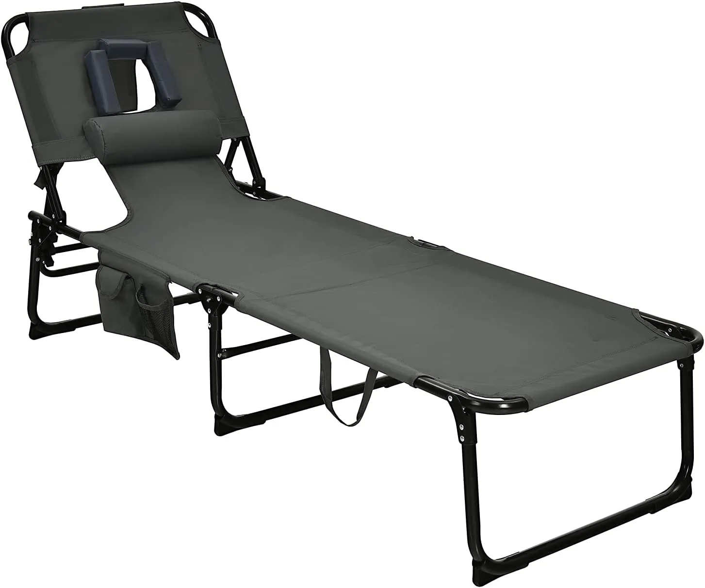 COSTWAY Folding Beach Lounge Chair, Tanning Chair with Face Hole, 5-Position Adjustable Backrest, Pillow & Side Pocket, Foldable Chaise Lounge Chair Outdoor for Sunbathing, Camping (1, Grey)