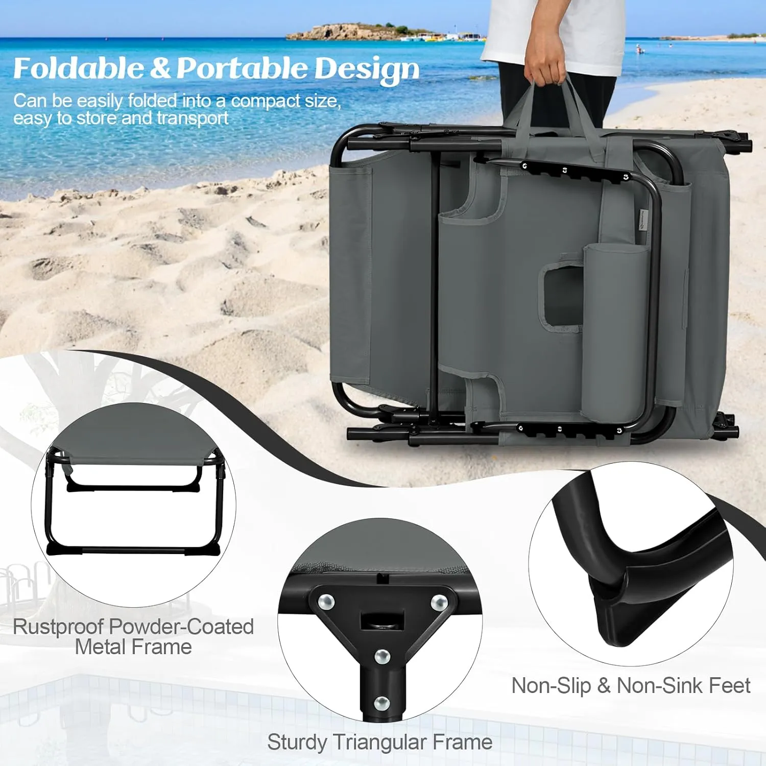 COSTWAY Folding Beach Lounge Chair, Tanning Chair with Face Hole, 5-Position Adjustable Backrest, Pillow & Side Pocket, Foldable Chaise Lounge Chair Outdoor for Sunbathing, Camping (1, Grey)