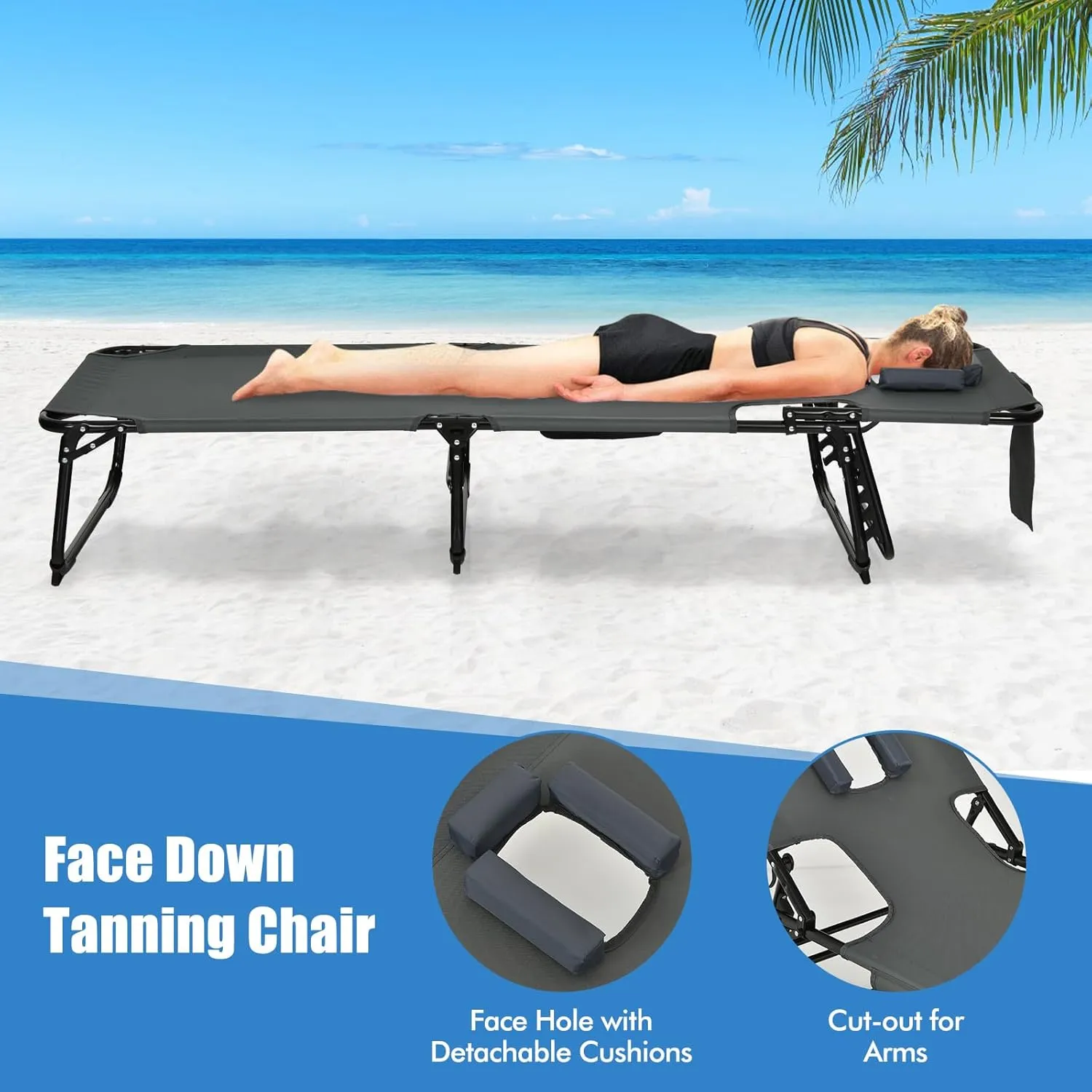 COSTWAY Folding Beach Lounge Chair, Tanning Chair with Face Hole, 5-Position Adjustable Backrest, Pillow & Side Pocket, Foldable Chaise Lounge Chair Outdoor for Sunbathing, Camping (1, Grey)