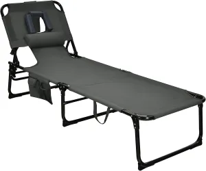 COSTWAY Folding Beach Lounge Chair, Tanning Chair with Face Hole, 5-Position Adjustable Backrest, Pillow & Side Pocket, Foldable Chaise Lounge Chair Outdoor for Sunbathing, Camping (1, Grey)