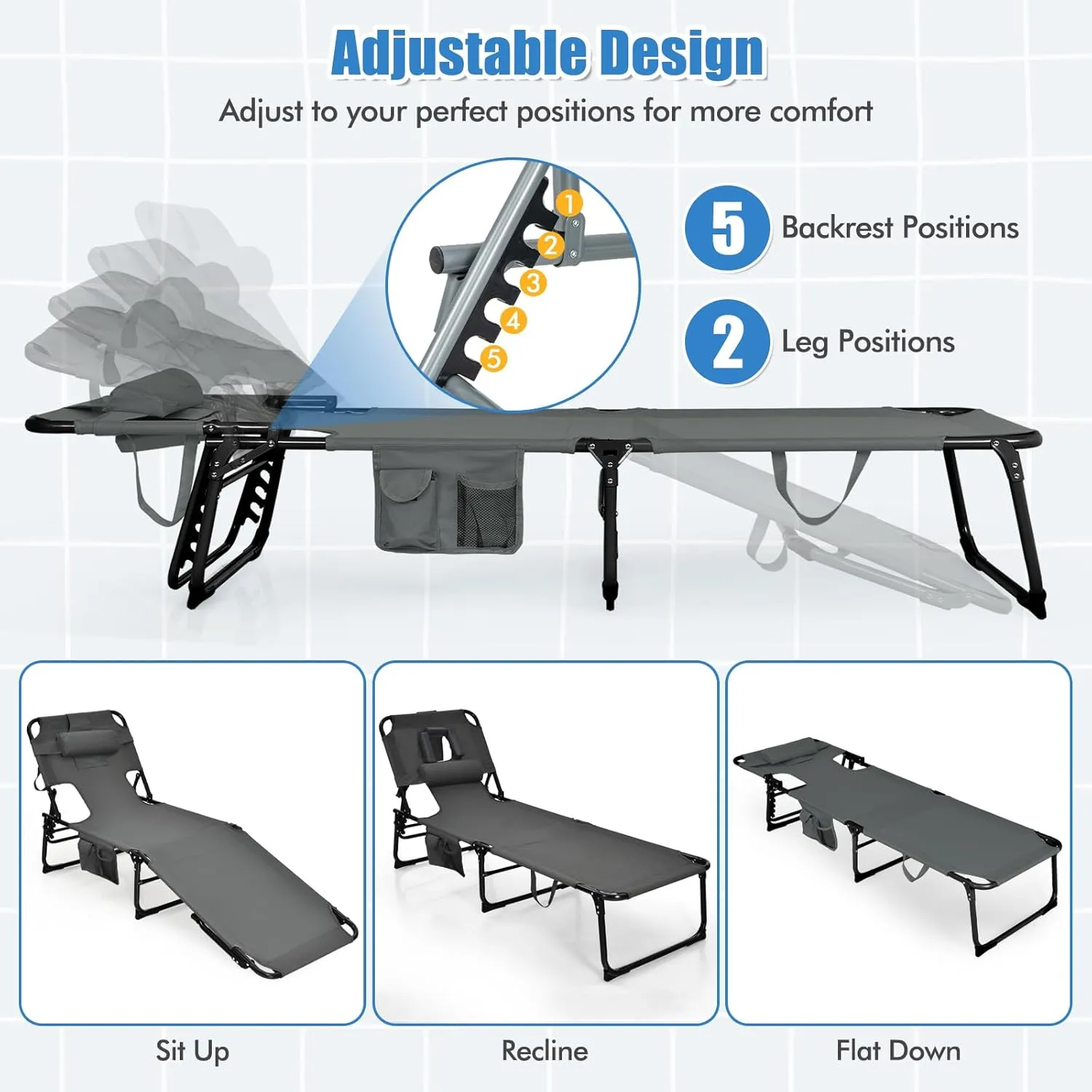 COSTWAY Folding Beach Lounge Chair, Tanning Chair with Face Hole, 5-Position Adjustable Backrest, Pillow & Side Pocket, Foldable Chaise Lounge Chair Outdoor for Sunbathing, Camping (1, Grey)