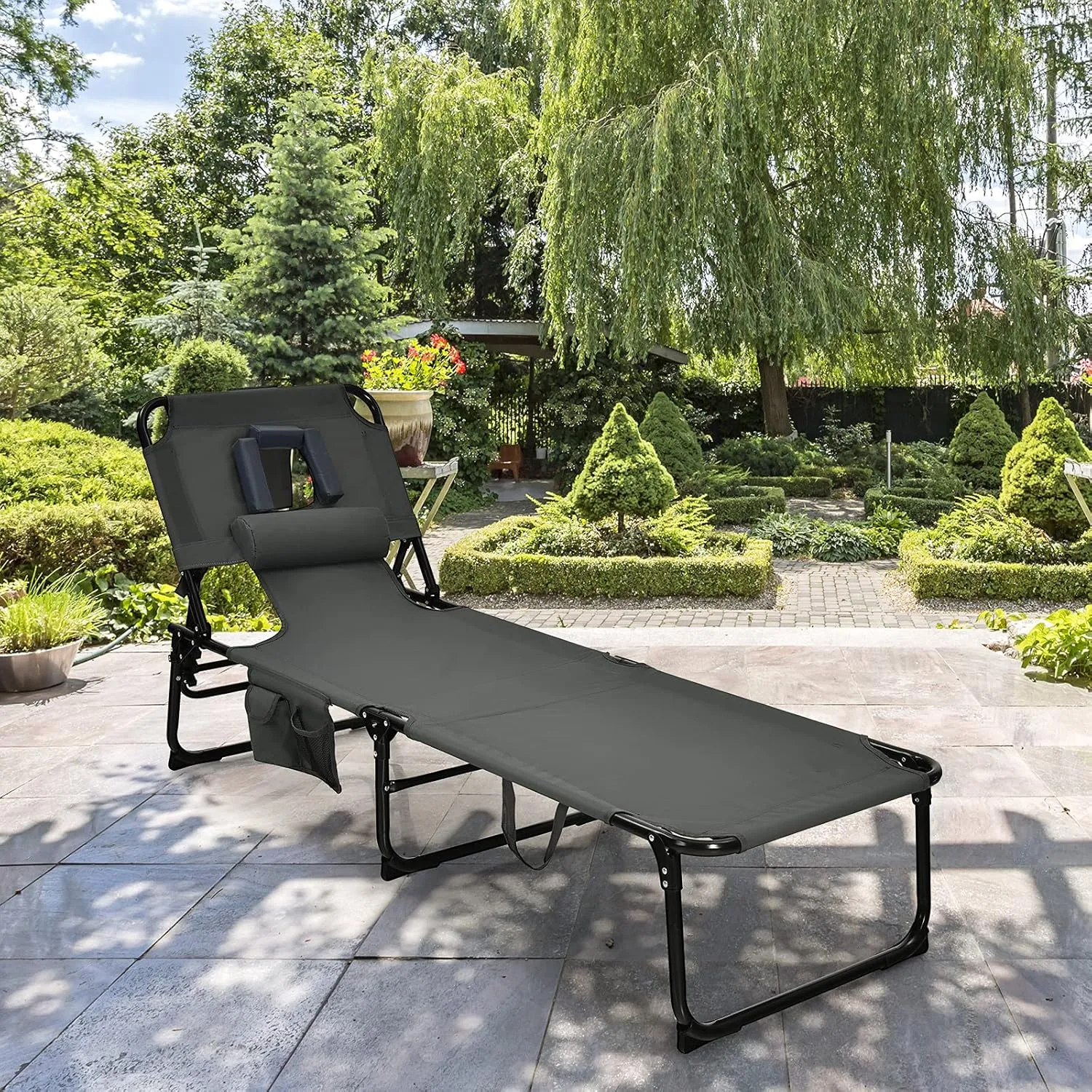 COSTWAY Folding Beach Lounge Chair, Tanning Chair with Face Hole, 5-Position Adjustable Backrest, Pillow & Side Pocket, Foldable Chaise Lounge Chair Outdoor for Sunbathing, Camping (1, Grey)