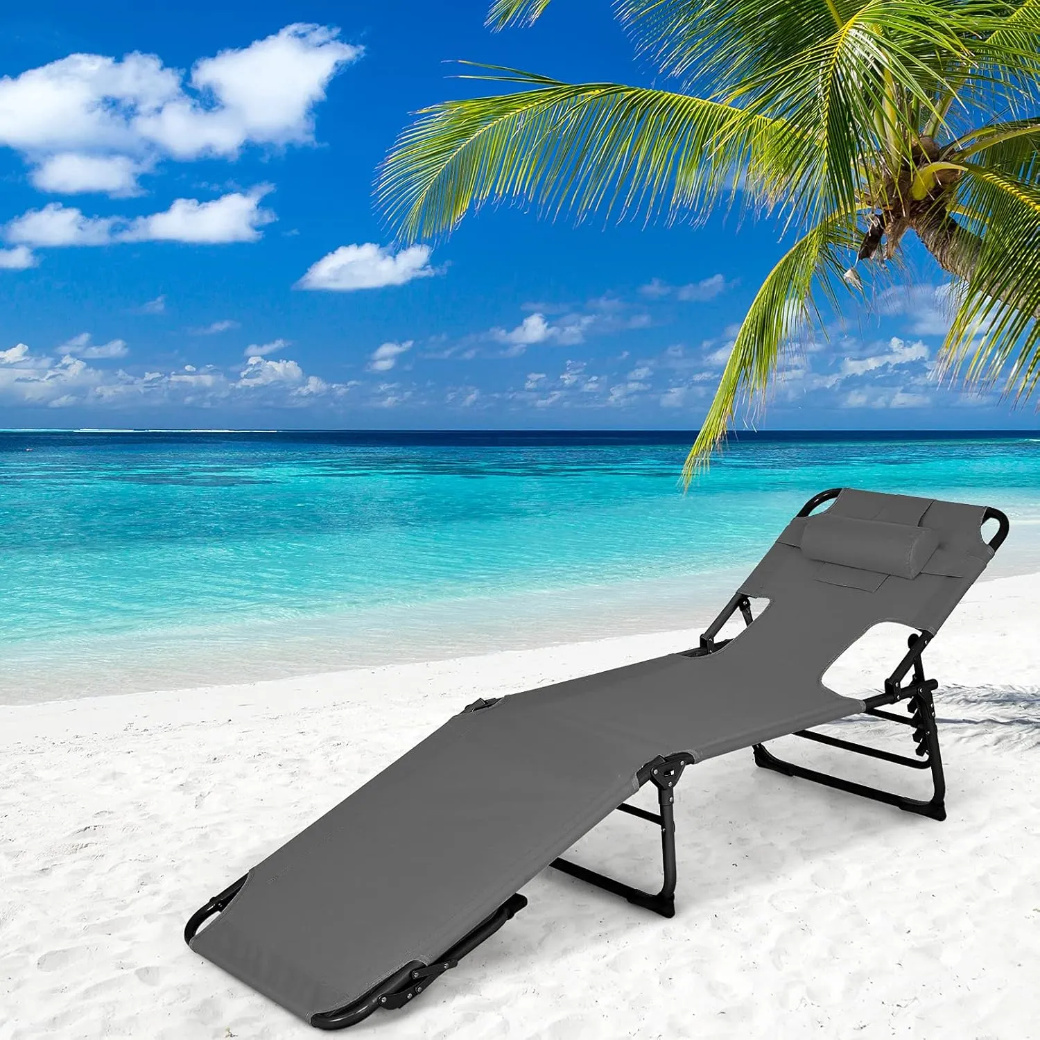 COSTWAY Folding Beach Lounge Chair, Tanning Chair with Face Hole, 5-Position Adjustable Backrest, Pillow & Side Pocket, Foldable Chaise Lounge Chair Outdoor for Sunbathing, Camping (1, Grey)