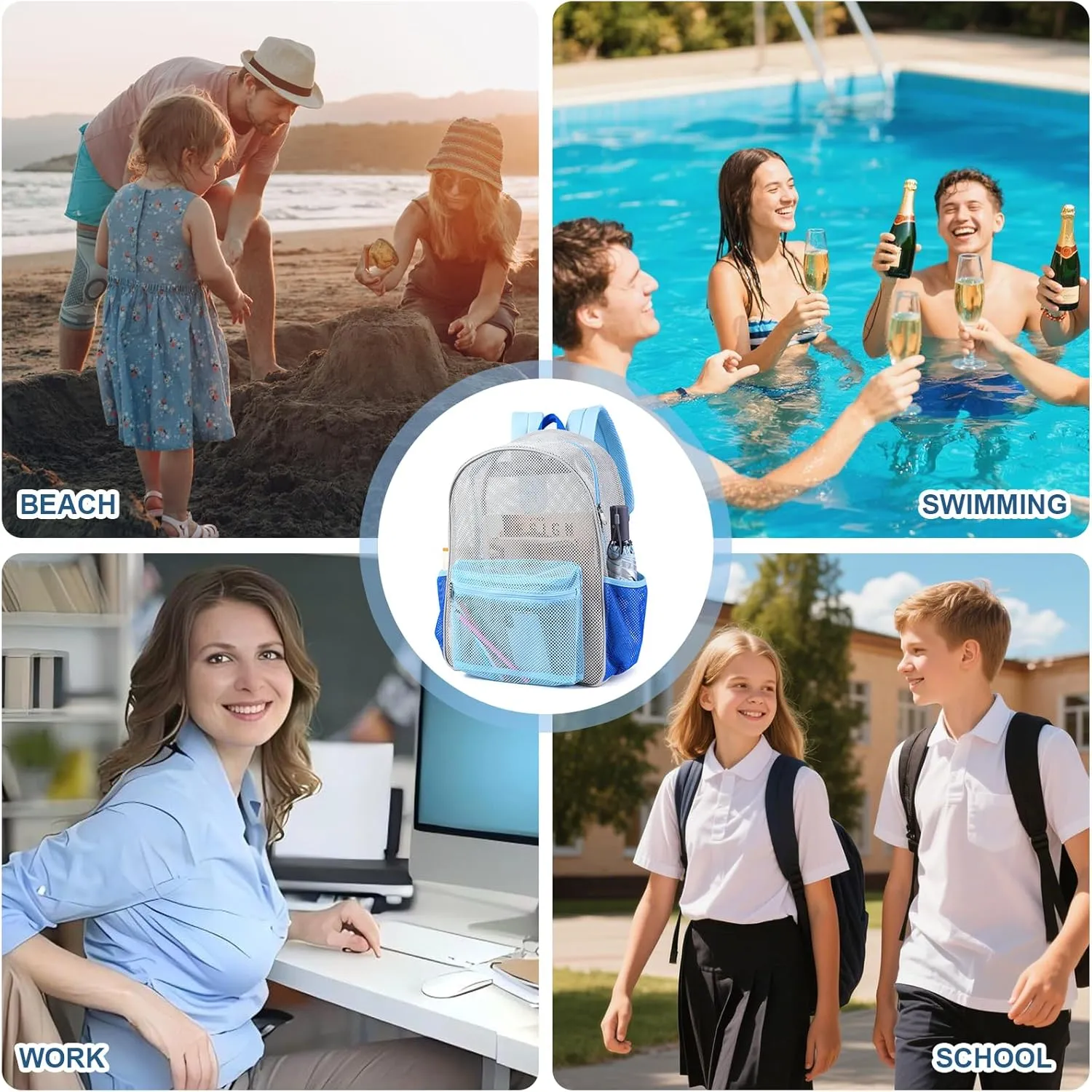 COVAX Mesh Backpack for Adults, Heavy Duty See Through Net Bookbag, Semi-Transparent Mesh Back Pack for Beach, Swimming, Sports, Work, Travel