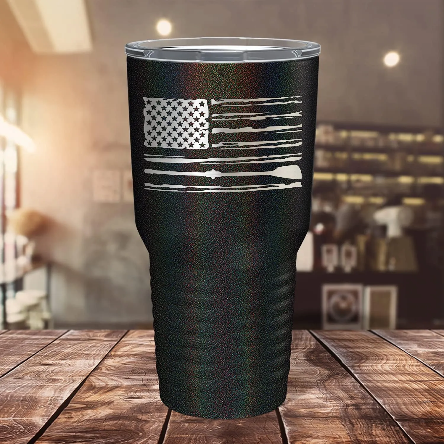 Crew American Flag Laser Engraved Black Glitter 30 oz Stainless Steel Tumbler Rowing Crew Gift with Lid Insulated Cup