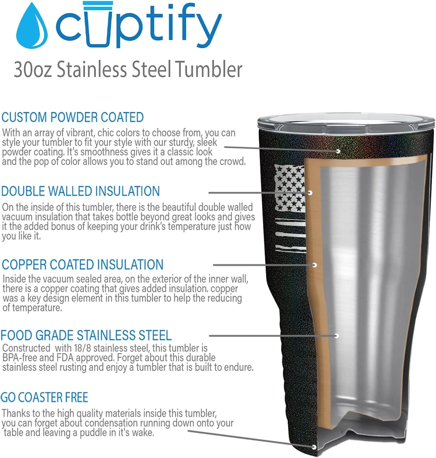 Crew American Flag Laser Engraved Black Glitter 30 oz Stainless Steel Tumbler Rowing Crew Gift with Lid Insulated Cup