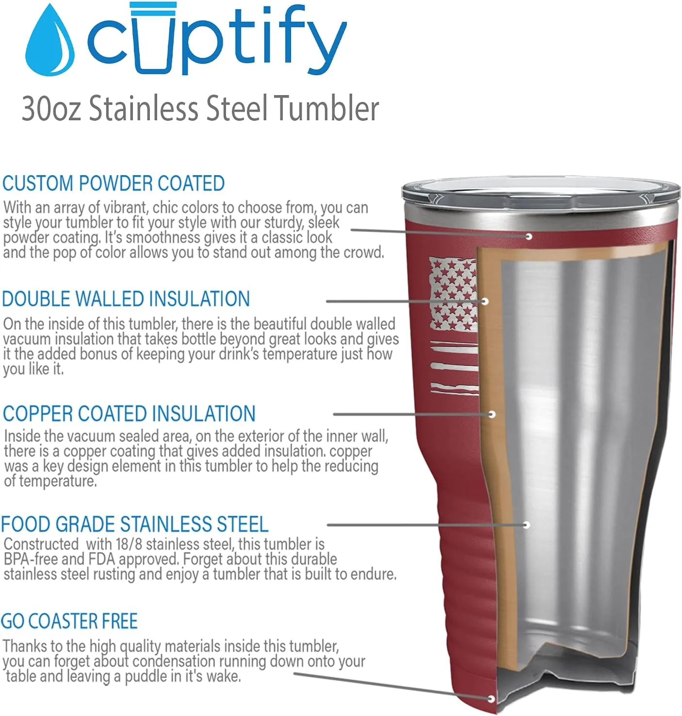 Crew American Flag Laser Engraved Maroon 30 oz Stainless Steel Tumbler Rowing Crew Gift with Lid Insulated Cup