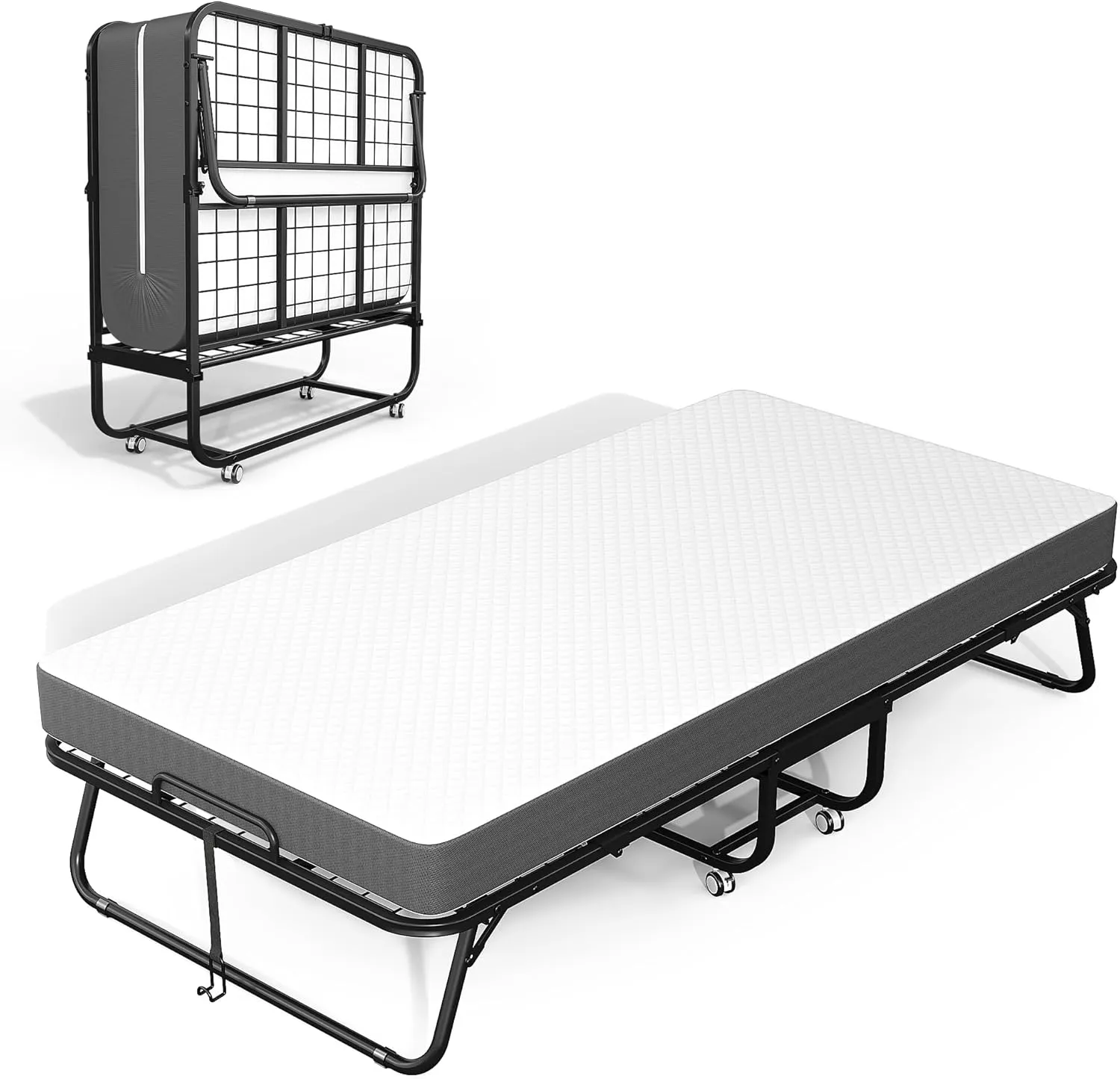 Crownland Foldable Metal Bed Frame with Mattress, 75 "x 38" Portable Rollaway Adult Guest Twin Beds, Twin Size Folding Bed with 5-inch Memory Foam Mattress for Guest Rooms, Small Apartments