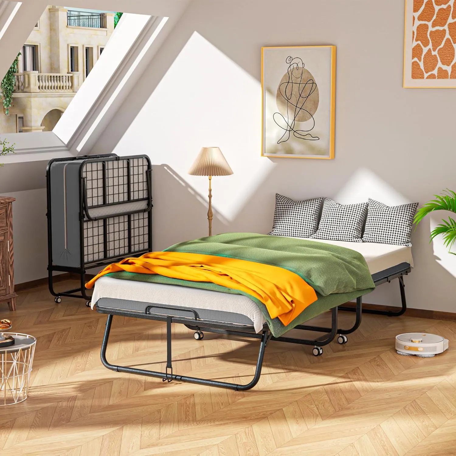 Crownland Foldable Metal Bed Frame with Mattress, 75 "x 38" Portable Rollaway Adult Guest Twin Beds, Twin Size Folding Bed with 5-inch Memory Foam Mattress for Guest Rooms, Small Apartments