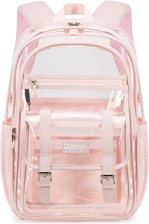 Cusangel clear Backpack for women Pink Heavy Duty See Through XL 18”x8”x12” Plastic Big Transparent Bookbag for Sport Event,School,Stadium Events & Work Backpacks