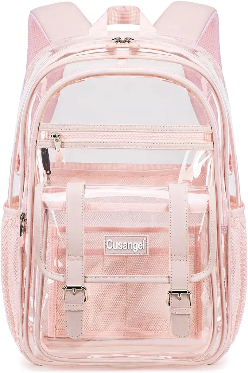 Cusangel clear Backpack for women Pink Heavy Duty See Through XL 18”x8”x12” Plastic Big Transparent Bookbag for Sport Event,School,Stadium Events & Work Backpacks